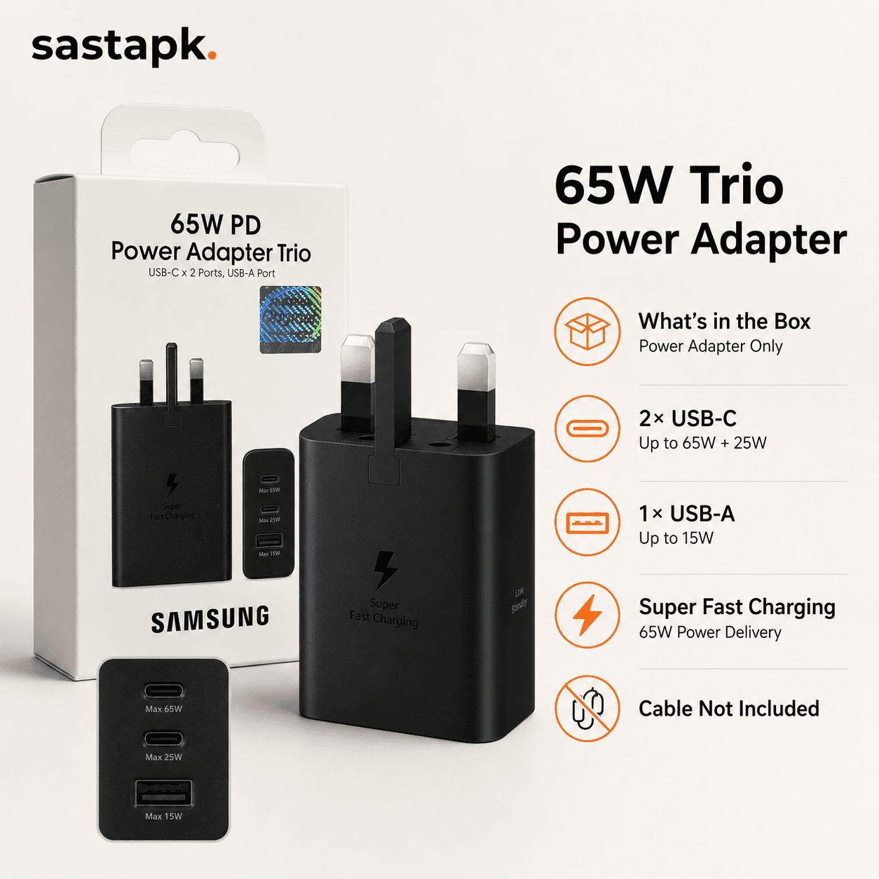 Samsung 65W Android Charger β 3 Pin Trio, 2 Type C, 1 USB-A Port β image 1