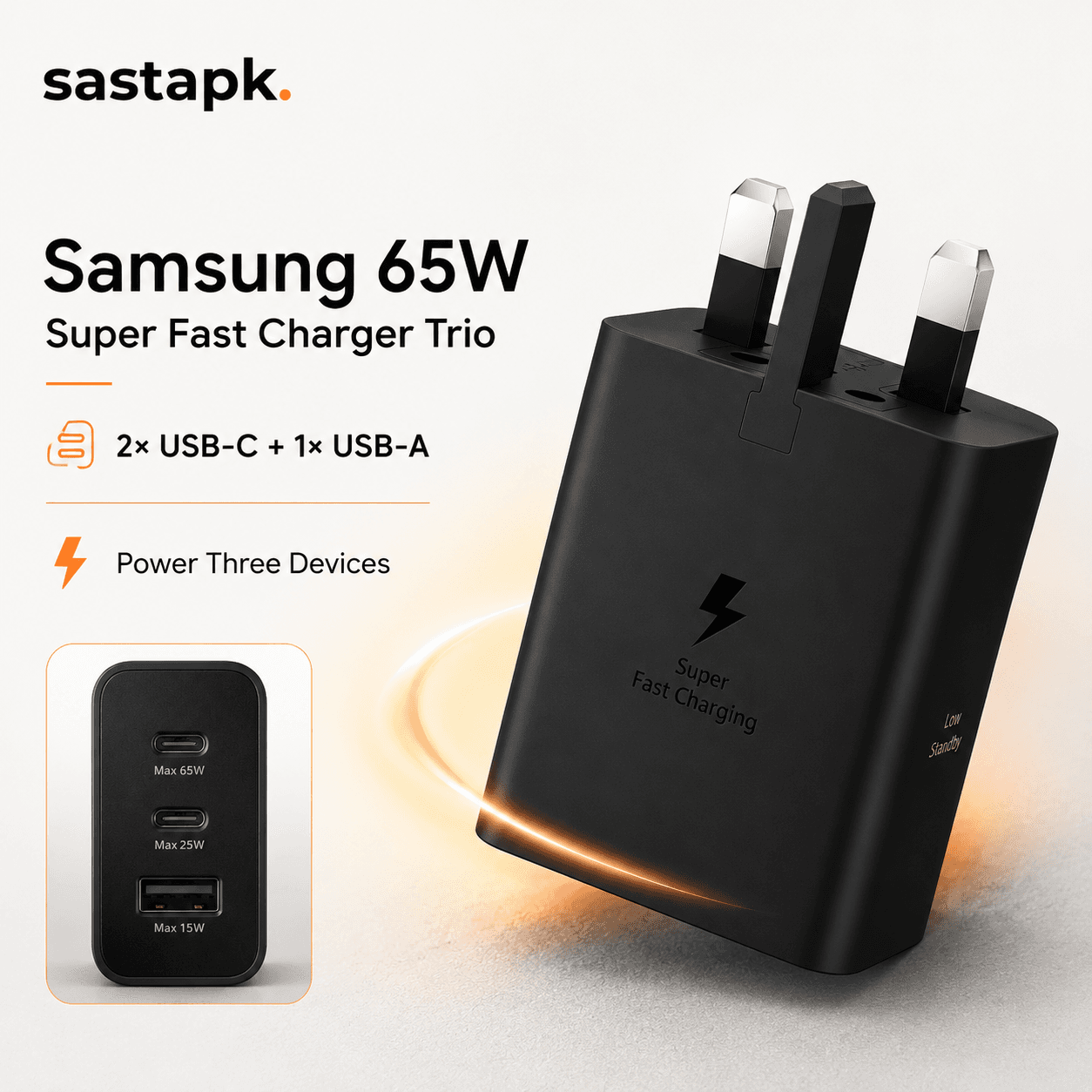 Samsung 65W Android Charger β 3 Pin Trio, 2 Type C, 1 USB-A Port β image 3