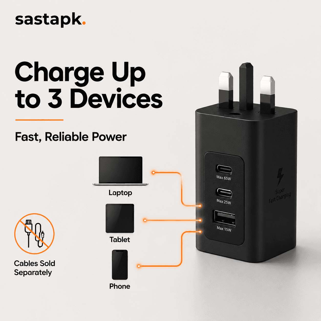 Samsung 65W Android Charger β 3 Pin Trio, 2 Type C, 1 USB-A Port β image 4