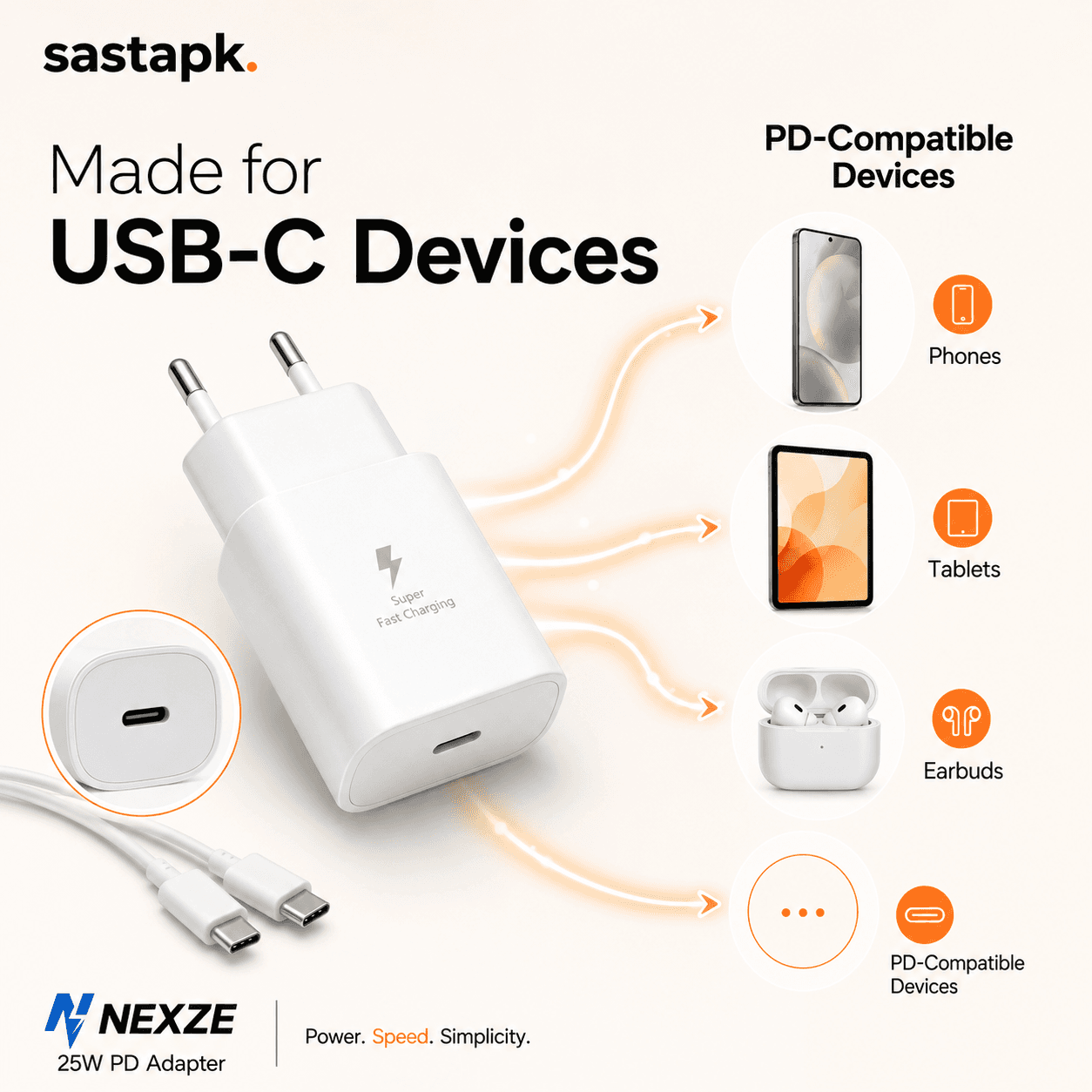 Nexze 25W Charger with cable Usb Type C Fast Charger Pd Wall Power Adapter 25W Super Fast Charger with Type C to Type C Cable And Without Cable Pd Charger For all Mobile Phone — image 4